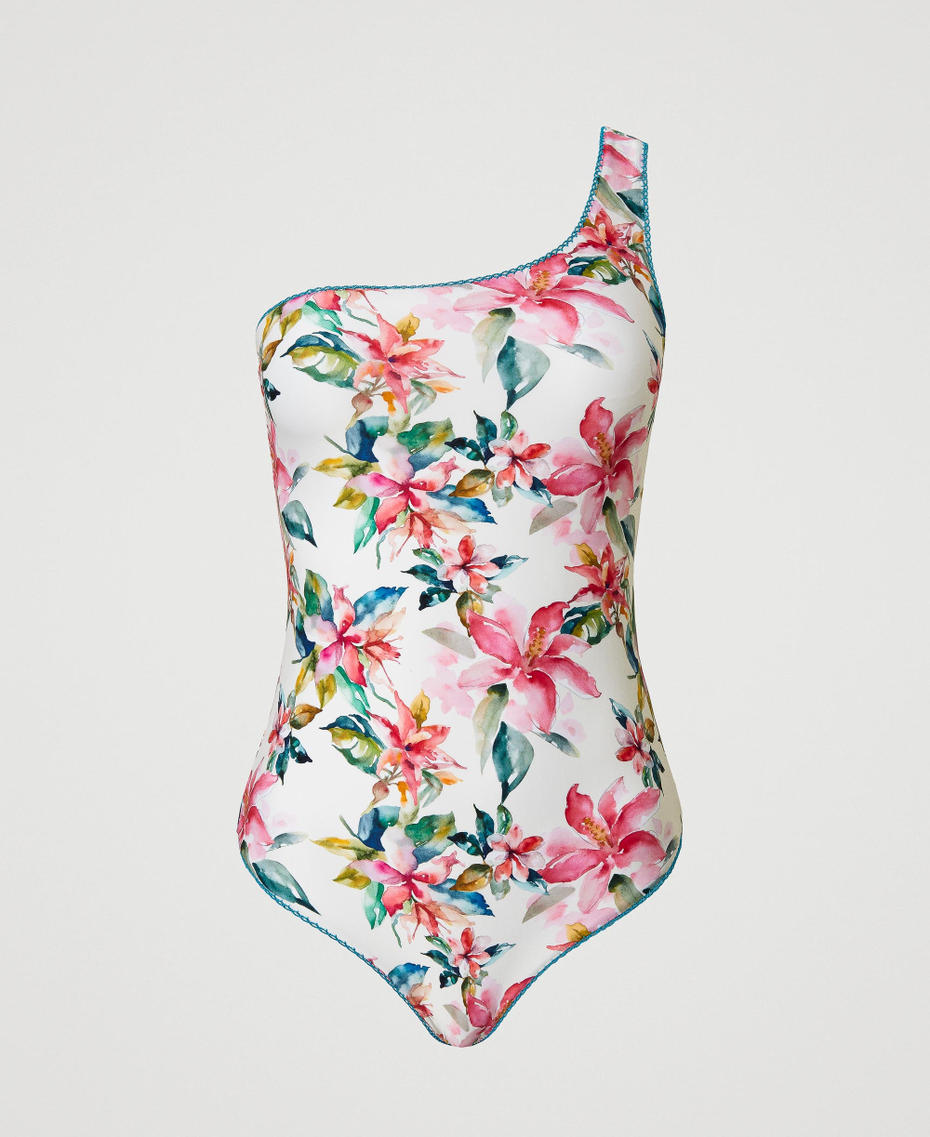 One-shoulder swimsuit with floral print Mother of Pearl/Multicolour Floral Print Woman 251LBMT00_12194_S0