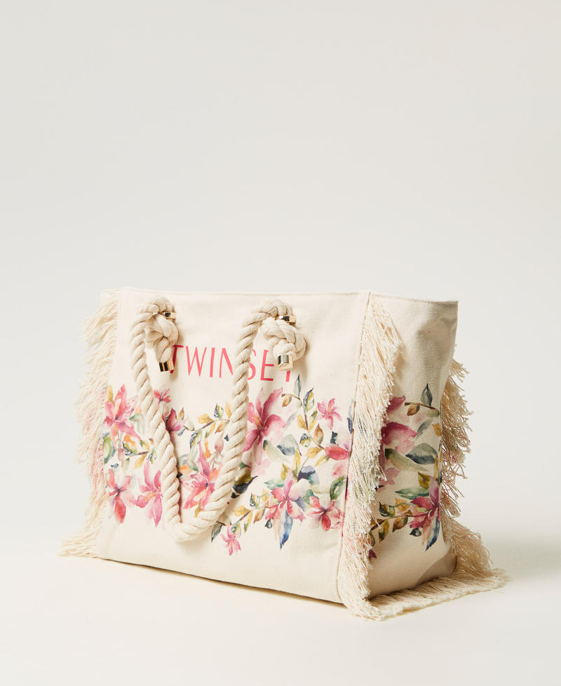 Printed canvas shopper bag Mother of Pearl/Multicolour Floral Print Woman 251LB7AAA_12194_02