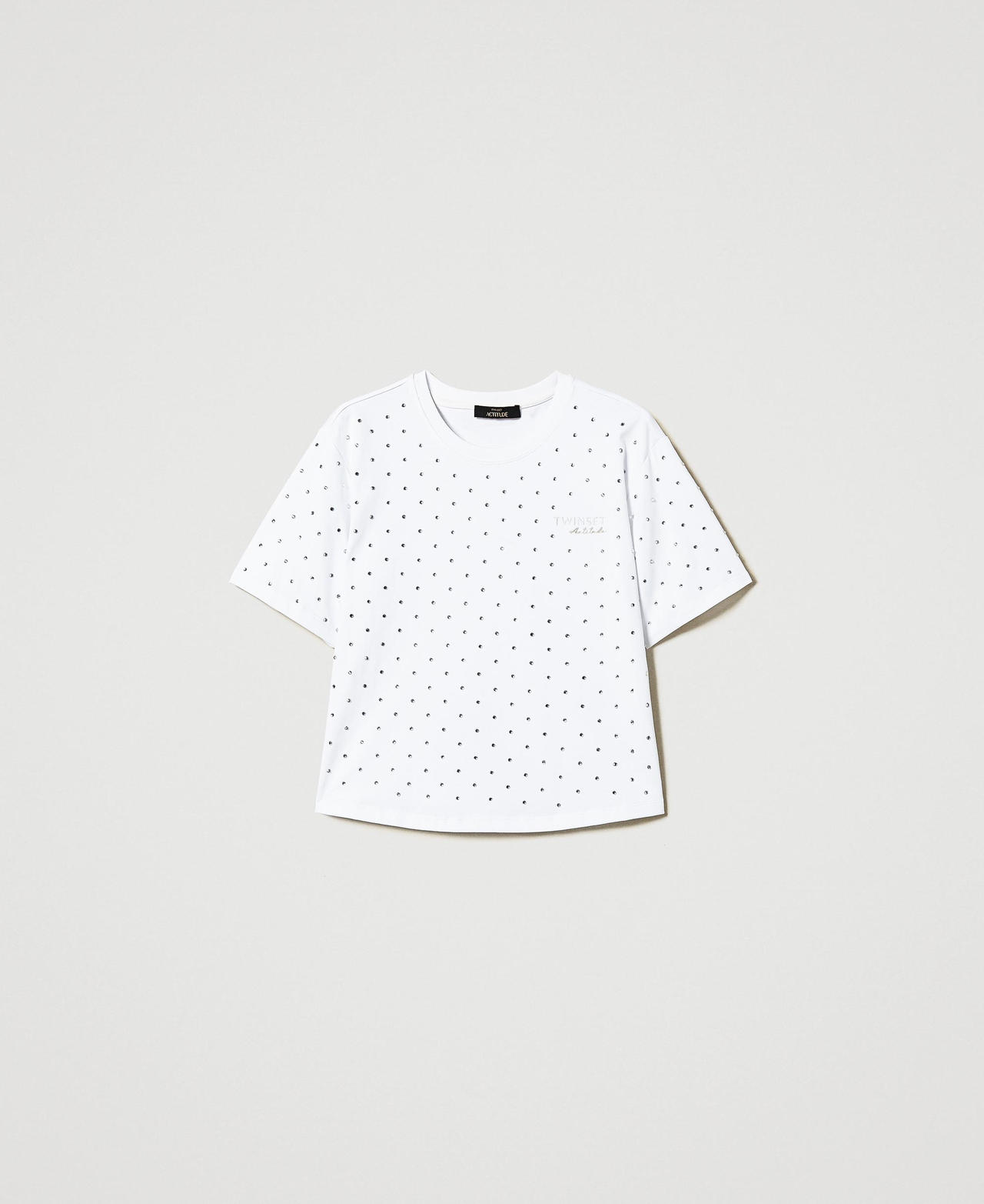 Boxy T-shirt with rhinestones "Papers" White Woman 251AP2210_00840_0S