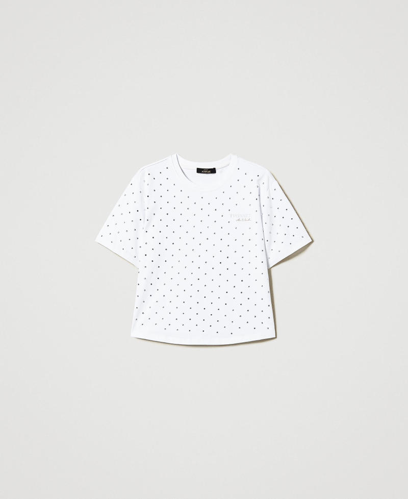 Boxy T-shirt with rhinestones "Papers" White Woman 251AP2210_00840_0S