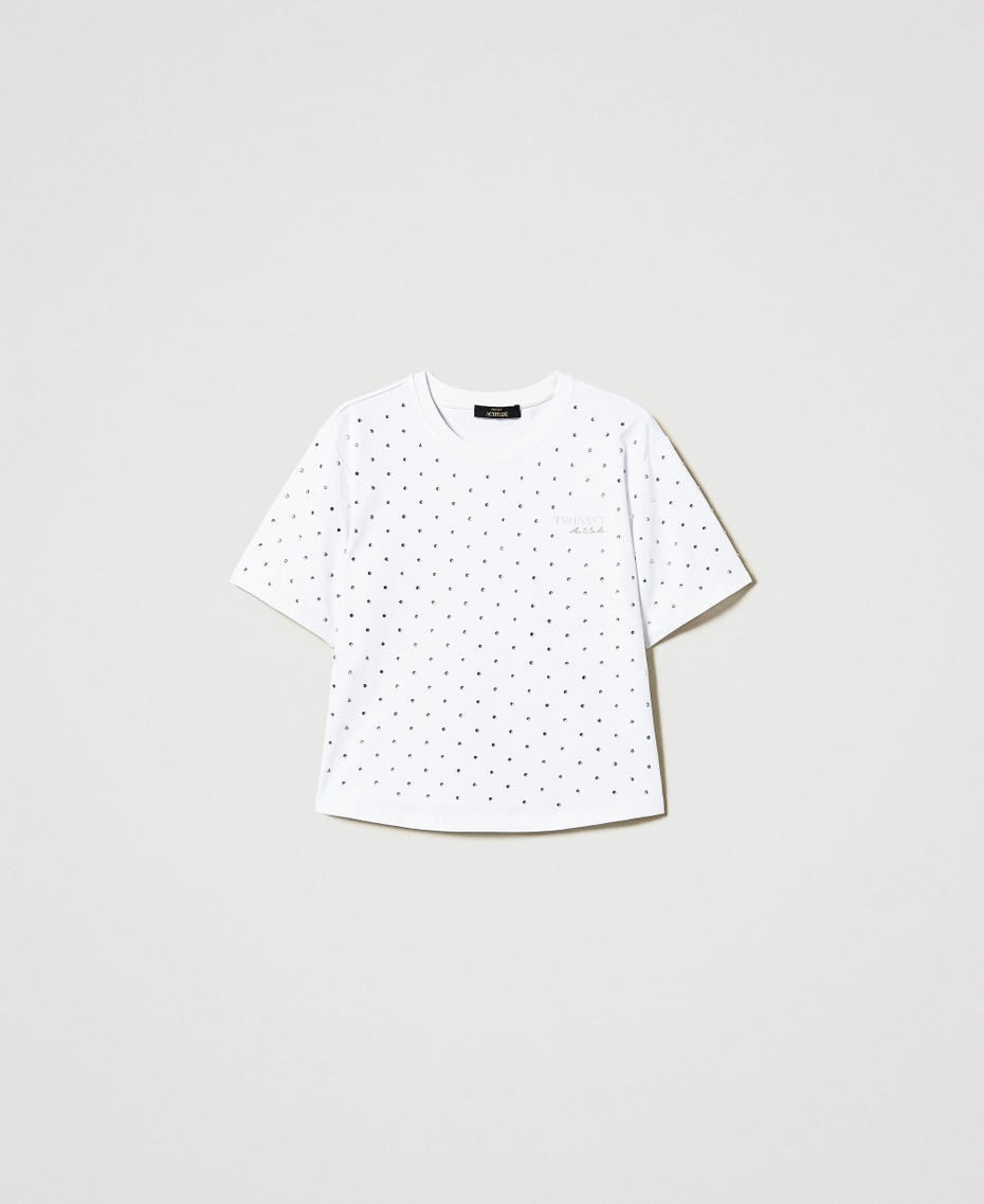 Boxy T-shirt with rhinestones "Papers" White Woman 251AP2210_00840_S0