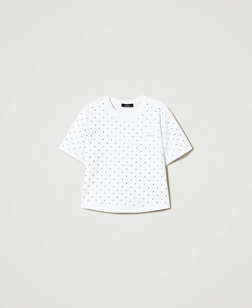 Boxy T-shirt with rhinestones "Papers" White Woman 251AP2210_00840_S0