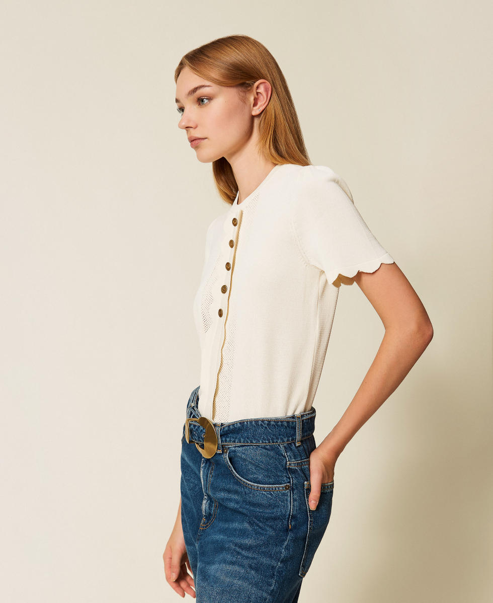 Scalloped sweater with Oval T buttons "Parchment" Beige Woman 252TP3203_07222_03