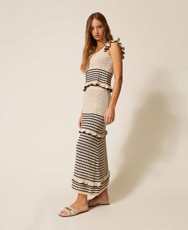Gonna lunga con righe e volant Bicolor Jacquard Bianco "Pergamena" / Nero Donna 261LB3HDD_13338_02