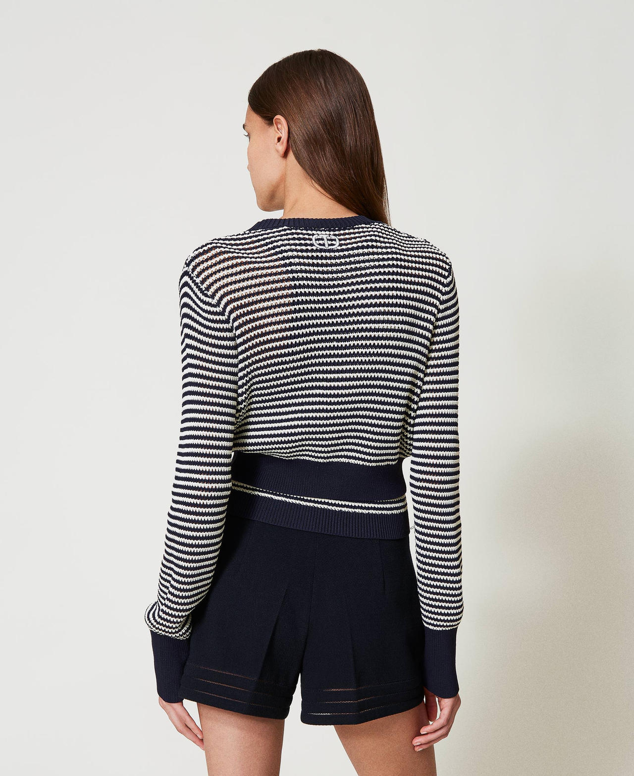 Striped knit cardigan and top with Oval T Two-tone Snow/Blue Night Woman 251TP3320_12261_03