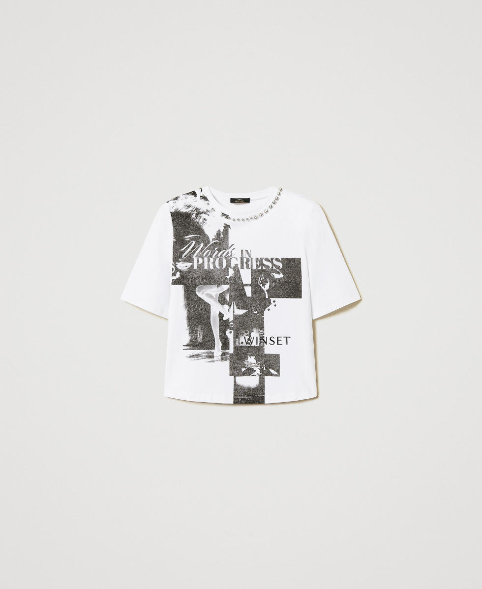 Printed T-shirt with hand embroidery "Papers" White Woman 251AP2160_00840_S0
