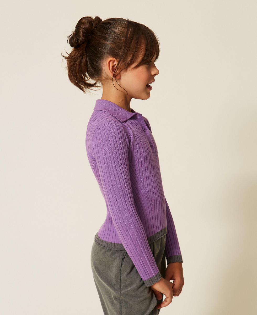 Ribbed polo jumper with contrasting details Two-tone "Hyacinth" Purple/Dark Grey Melange Girl 262GJ3010_13791_02