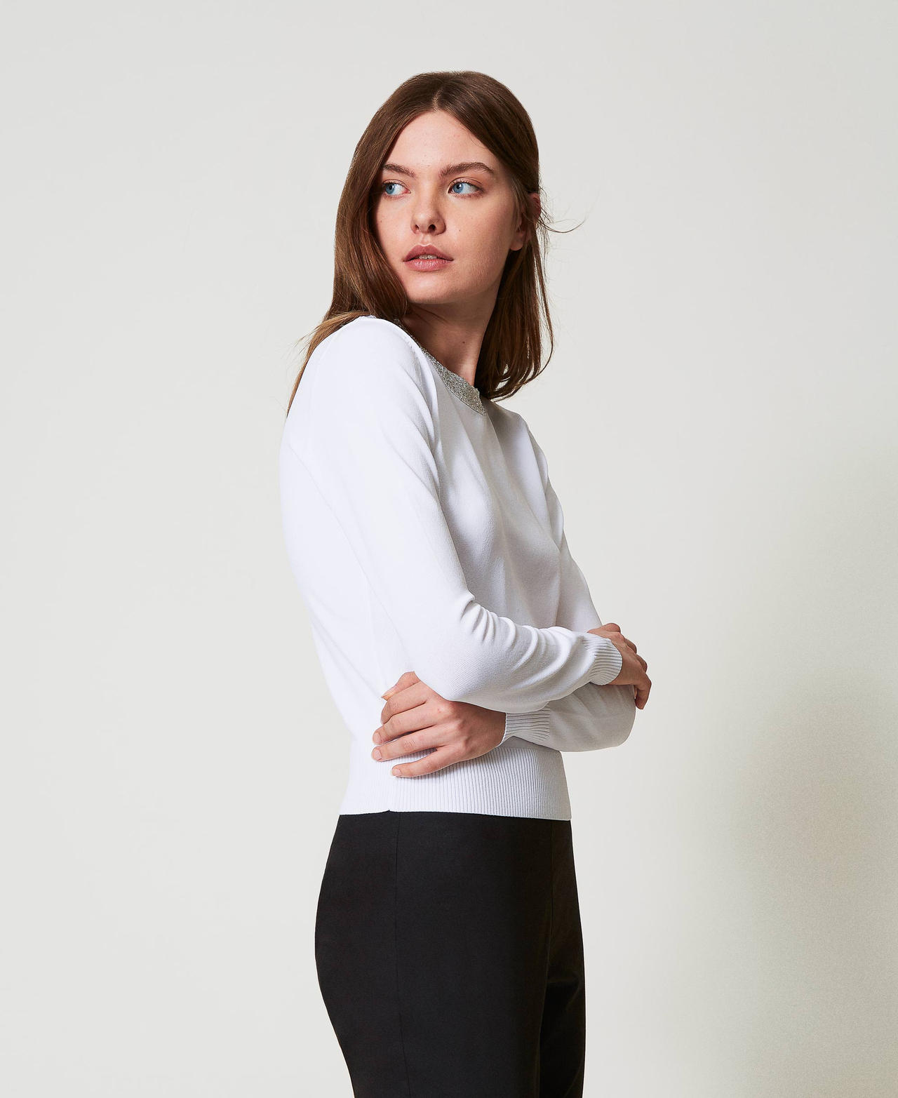 Fitted jumper with sequins "Papers" White Woman 251AP3132_00840_01