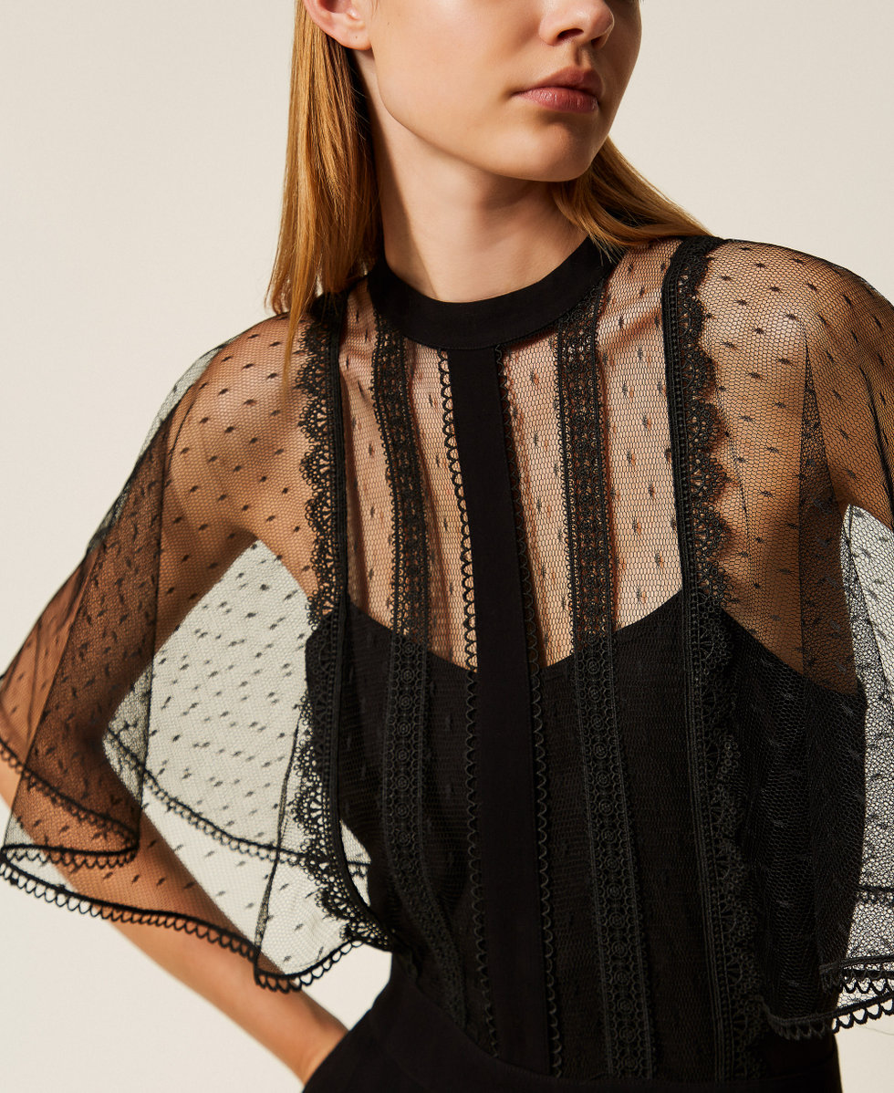 Tuta in cr&ecirc;pe e tulle plumetis Nero Donna 252TT2340_00006_04