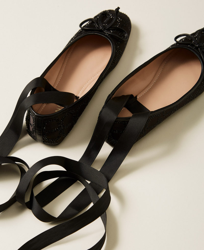 Ballet flats with Oval T embroidery and rhinestones Black Girl 252GCJ030_00006_03
