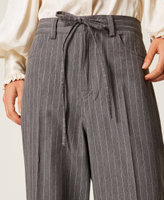 Pantalon rayé en laine mélangée Pinstripe Gris Chiné/Blanc « Neige » Femme 252TT2440_13038_04