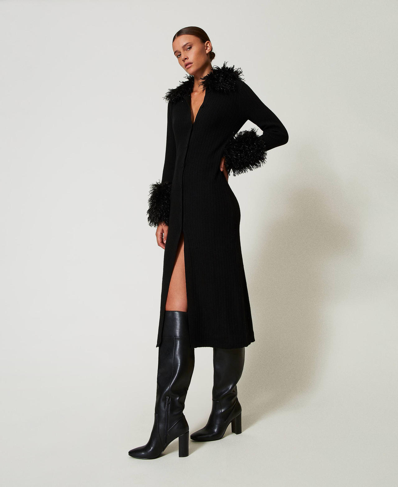Wool blend and faux fur long cardi-dress Black Woman 242TT3430_00006_02