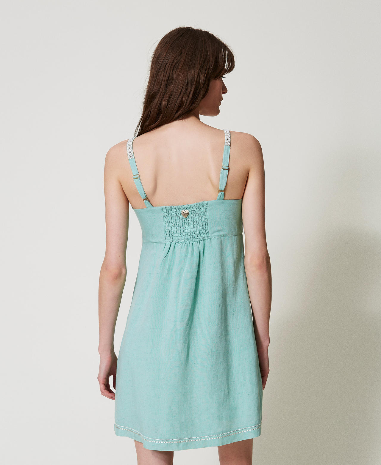 Short linen-blend dress with embroidery Green Marine/Almond Beige Embroidery Woman 251LM2FBB_12374_03
