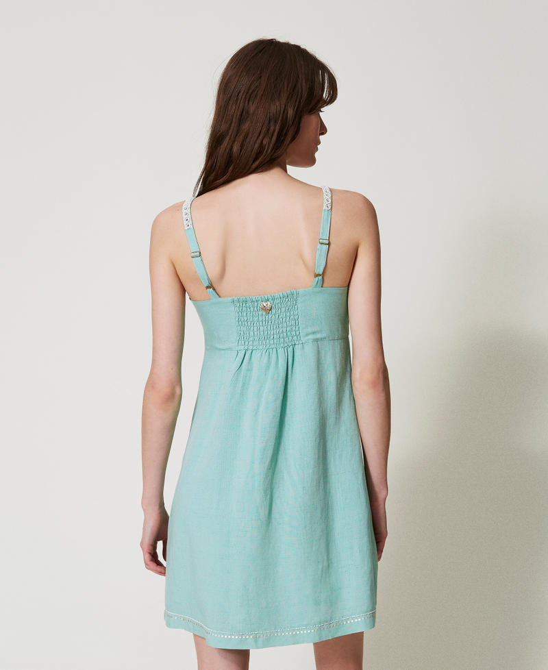 Short linen-blend dress with embroidery Green Marine/Almond Beige Embroidery Woman 251LM2FBB_12374_03