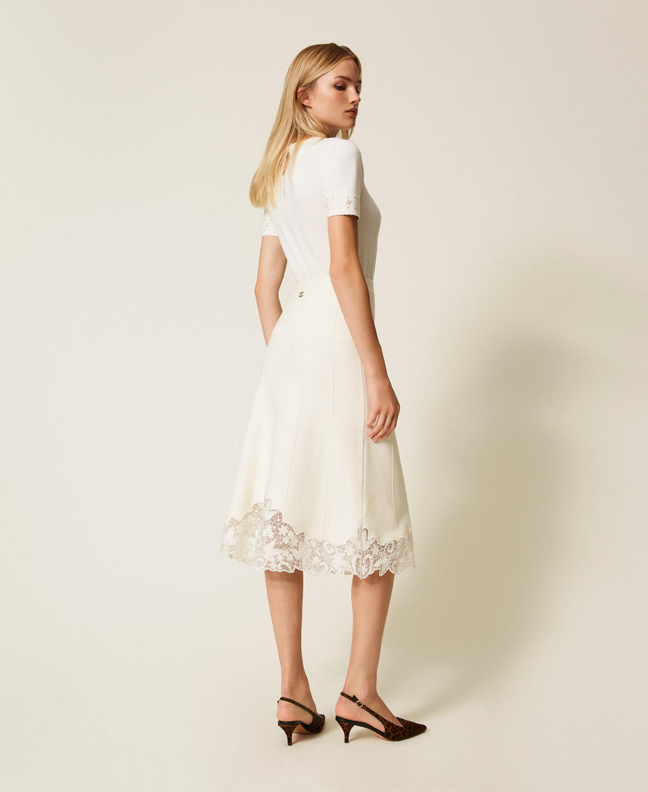 Midi-Strickrock mit Organza Weiß Schnee Frau 252TP3407_00282_03