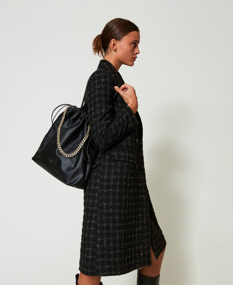 Large leather shopper bag with drawstring Black Woman 242TB7210_00006_S0