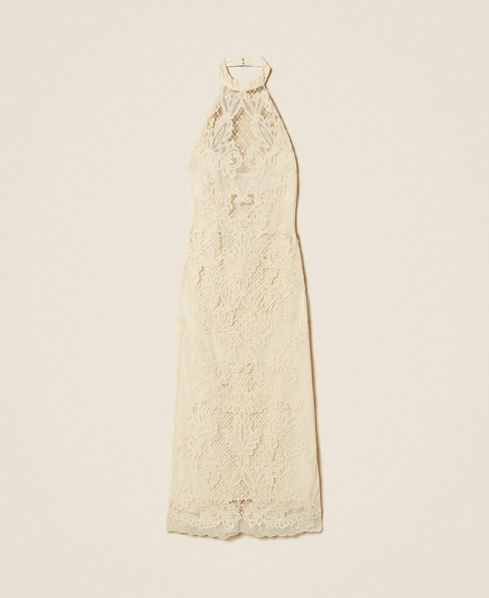Langes Kleid aus Mesh mit Stickerei Wei&szlig; Schnee Frau 261TQ2012_00282_S0
