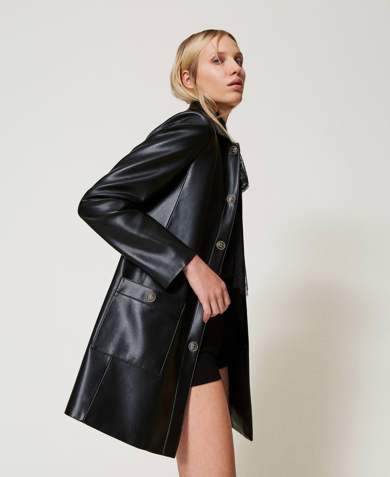 Faux nappa leather trench coat with logo buttons Black Woman 251TP2350_00006_02