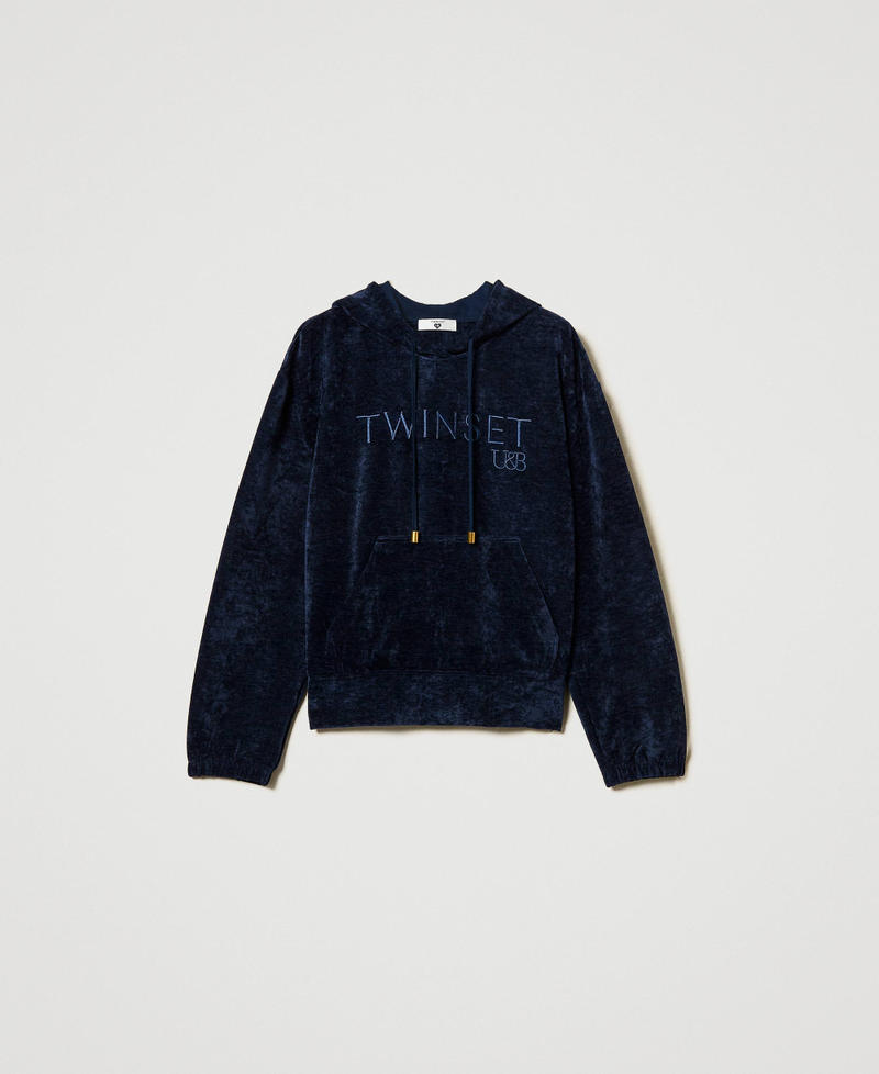 Velvet hoodie with embroidered logo Blackout Blue Woman 242LL2PAA_00481_S0