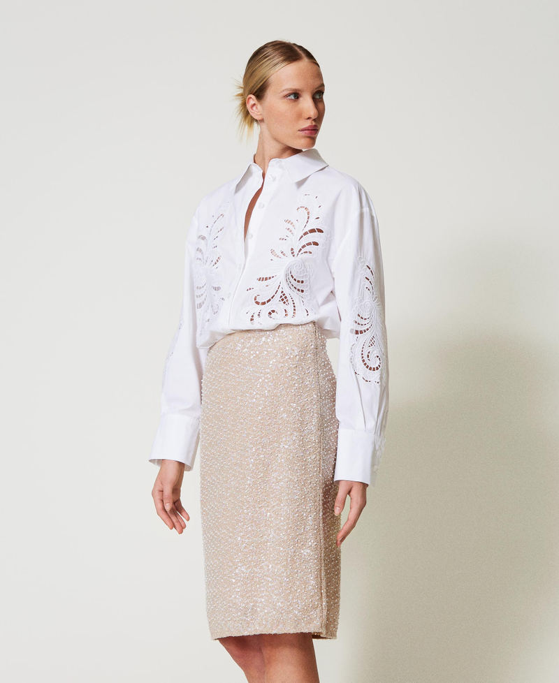 Midi skirt with sequins and pearls Snow/Delicate Beige Sequin & Pearl Embroidery Woman 251TP2200_12254_02
