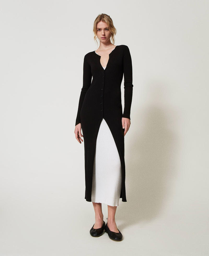Long trompe-l'&oelig;il knit dress Two-tone Black/Snow Woman 251TE3010_12295_01