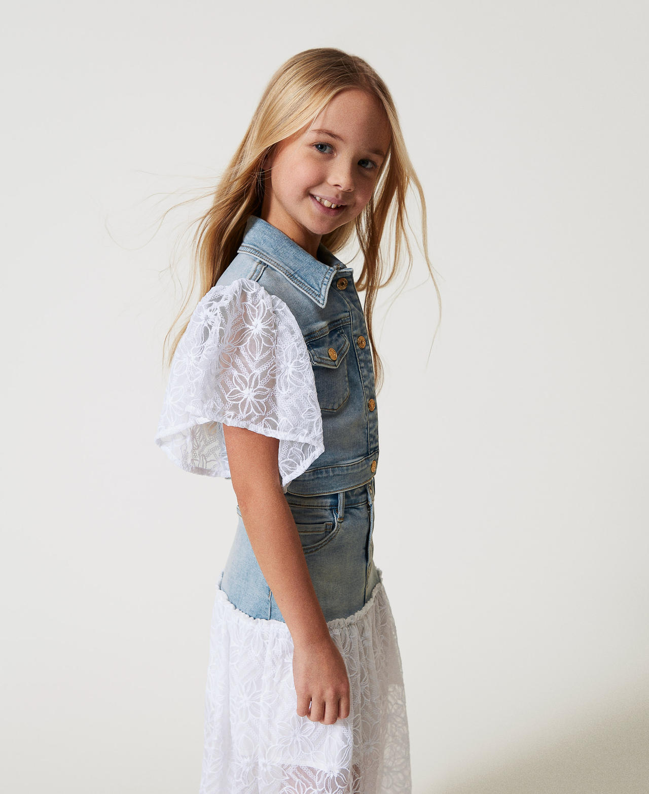 Denim and embroidered tulle jacket Two-tone Light Denim/Ice Girl 251GJ2522_12279_02