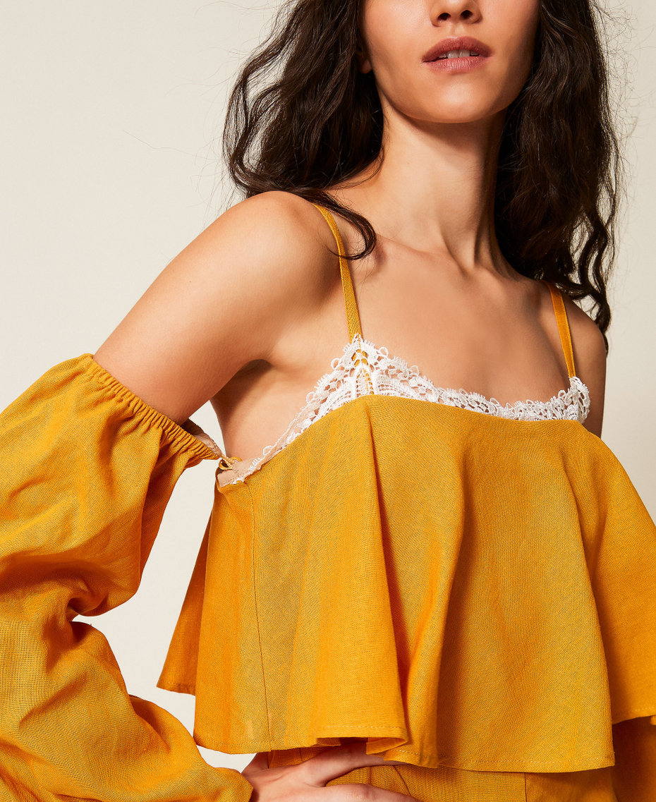 Linen blend short jumpsuit with lace Amber Orange Woman 261TF2100_13456_04