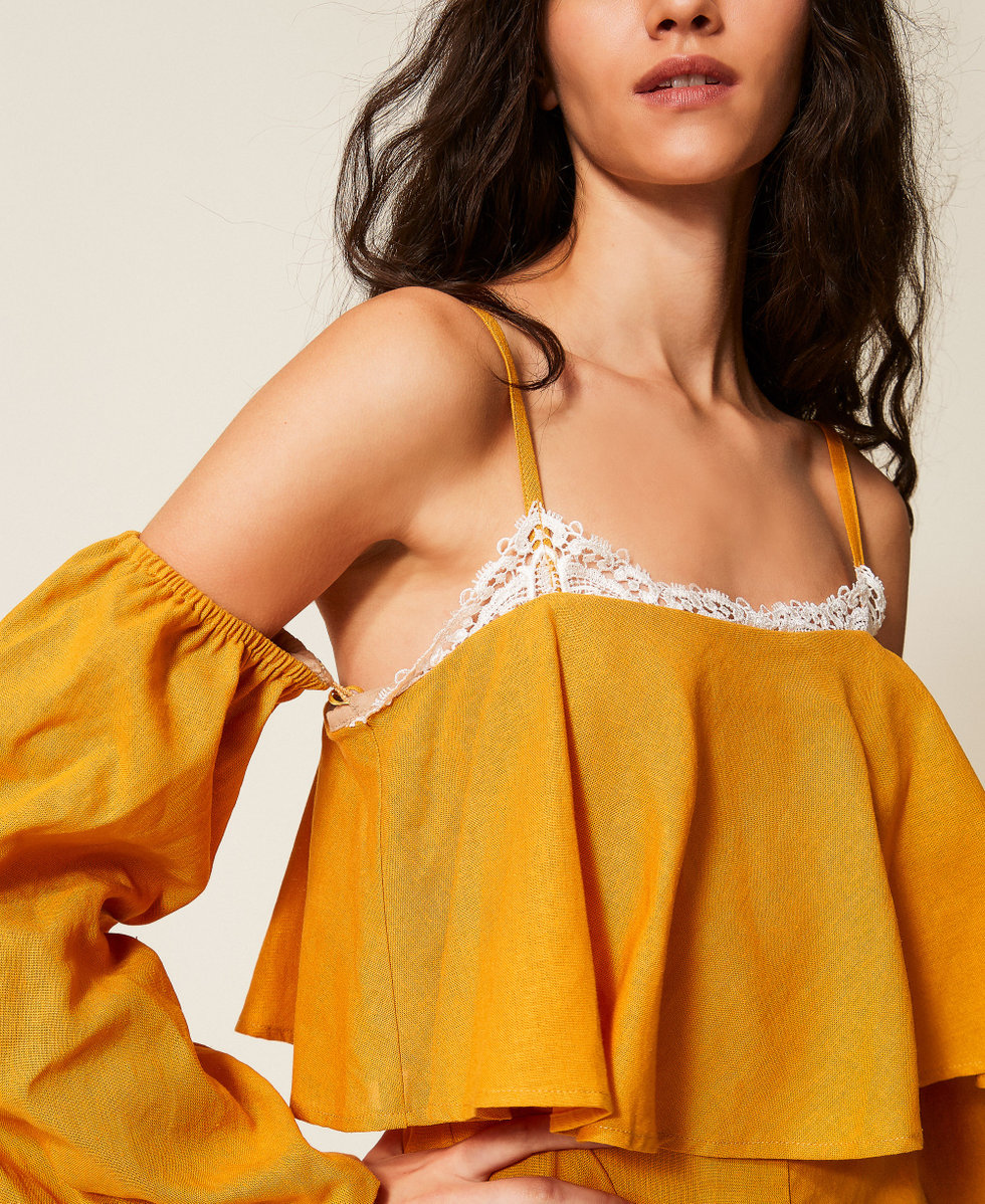 Combi-short en lin m&eacute;lang&eacute; avec dentelle Orange &laquo;&nbsp;Amber&nbsp;&raquo; Femme 261TF2100_13456_04