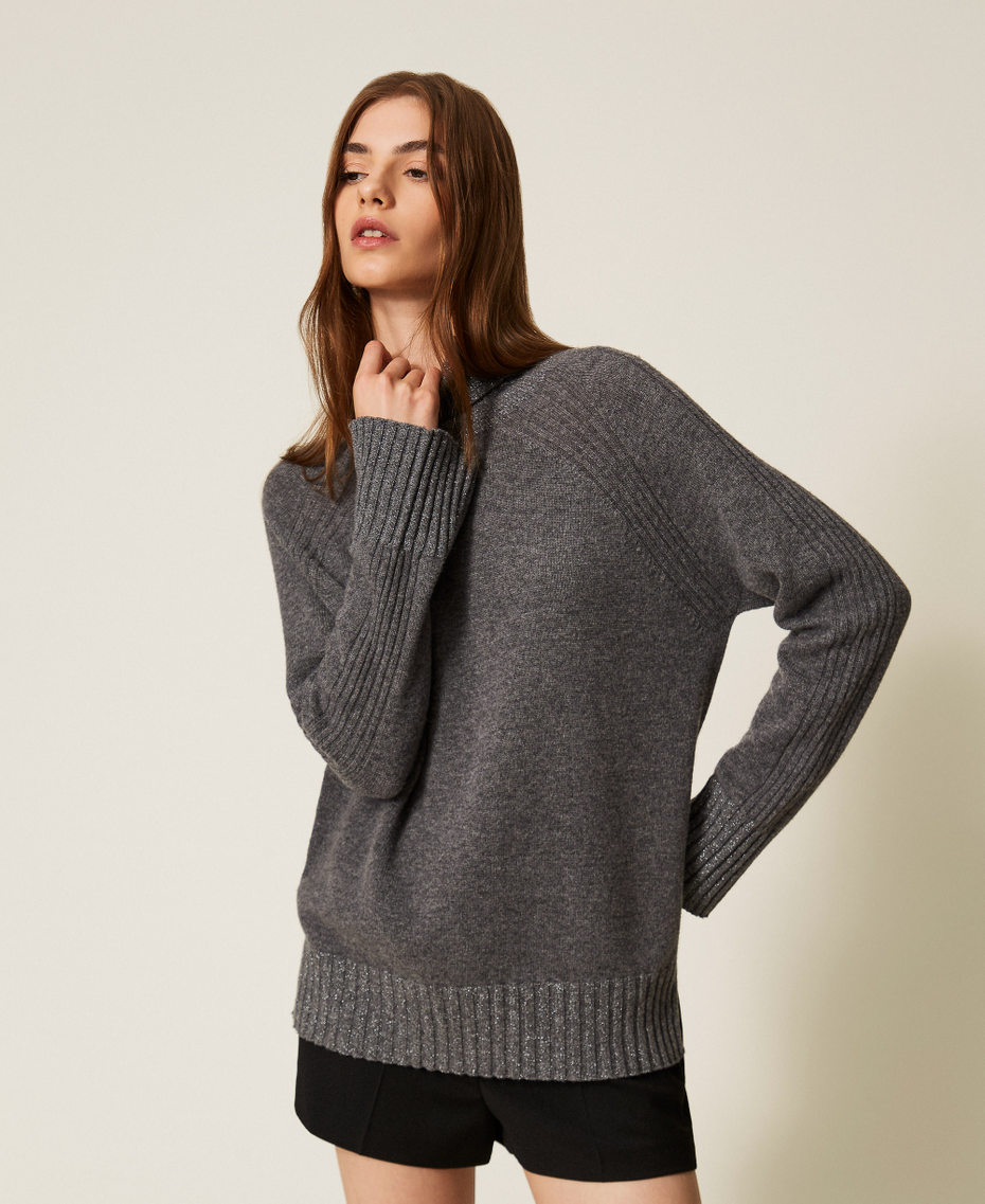 Cashmere blend turtleneck jumper with lurex Mid Grey Melange/Silver Lurex Woman 252TP3582_12800_01