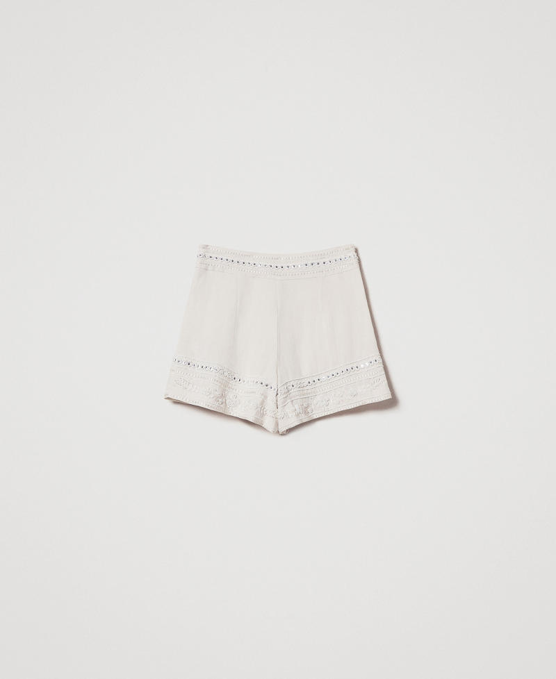 Linen-blend shorts with embroidery Almond Beige/Dark Almond Beige Embroidery Woman 251LM2FEE_12376_S0