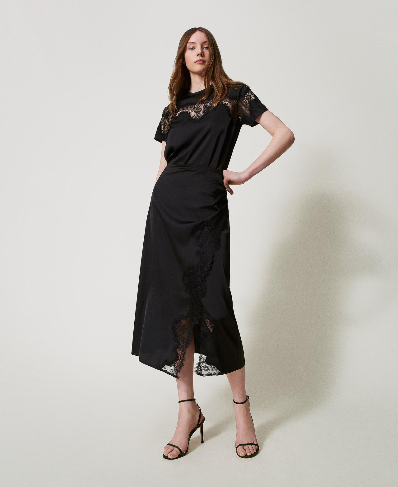 Satin and lace midi skirt Woman, Black | TWINSET Milano