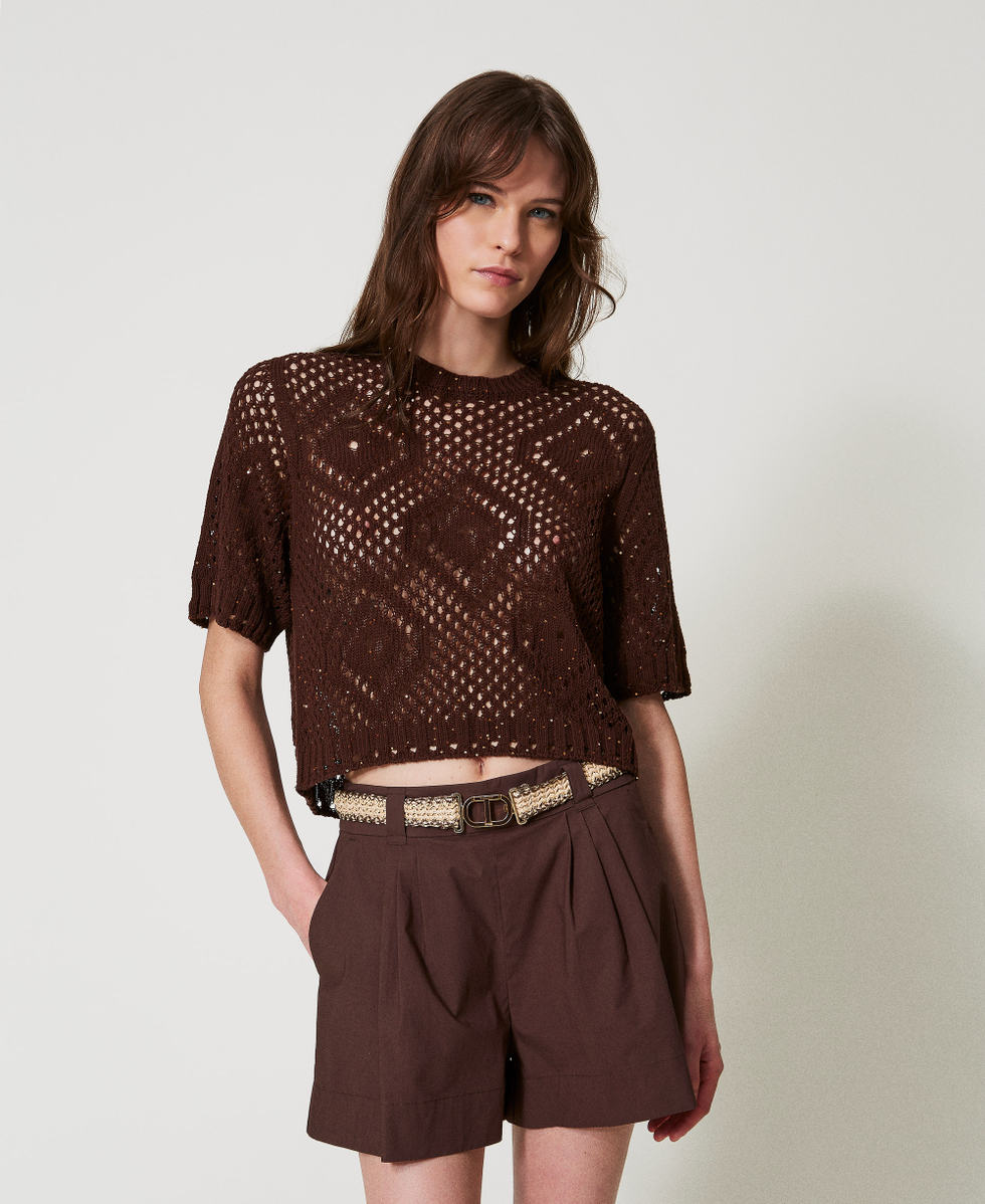 Jersey de rejilla con lentejuelas Chocolate Lentejuelas Mujer 251TT3301_12479_01
