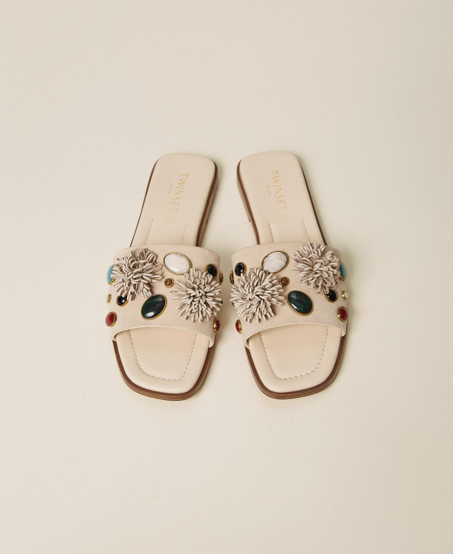 Suede slides with decorative stones Mother Of Pearl Woman 261TGT062_00059_04