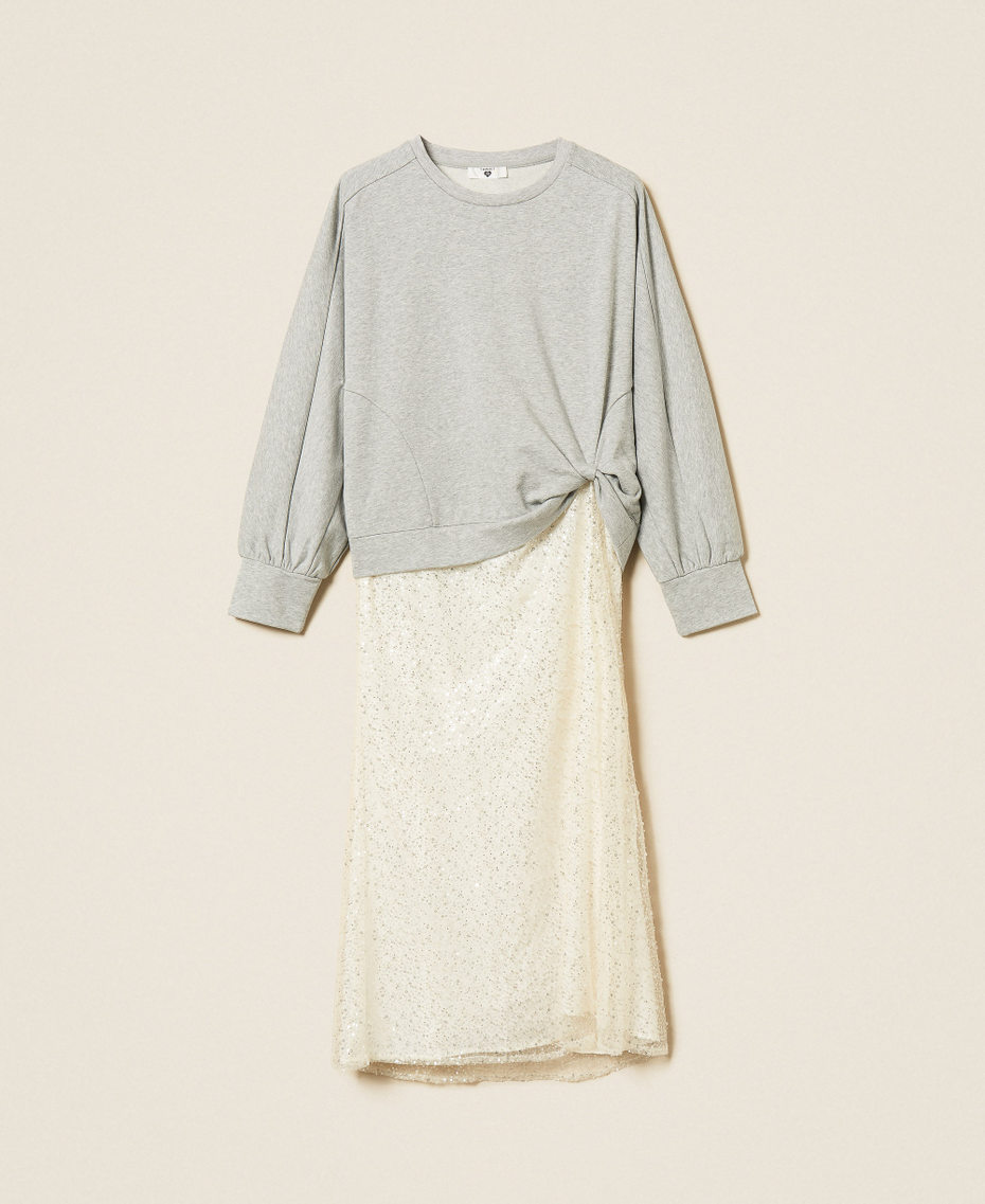 Robe longue en molleton et tulle brod&eacute;