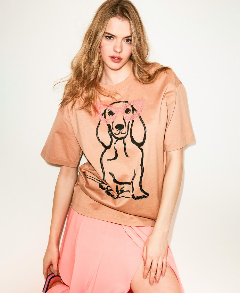 MYFO oversize T-shirt with print and embroidery Dachshund Nude Beige Woman 261AQ2010_13570_PC