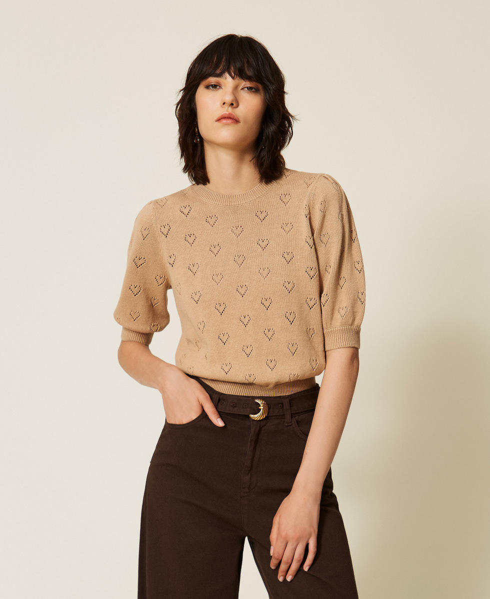 Pull avec motif de c&oelig;urs Marron "Tobacco Brown" Clair Femme 262TP3020_13732_01