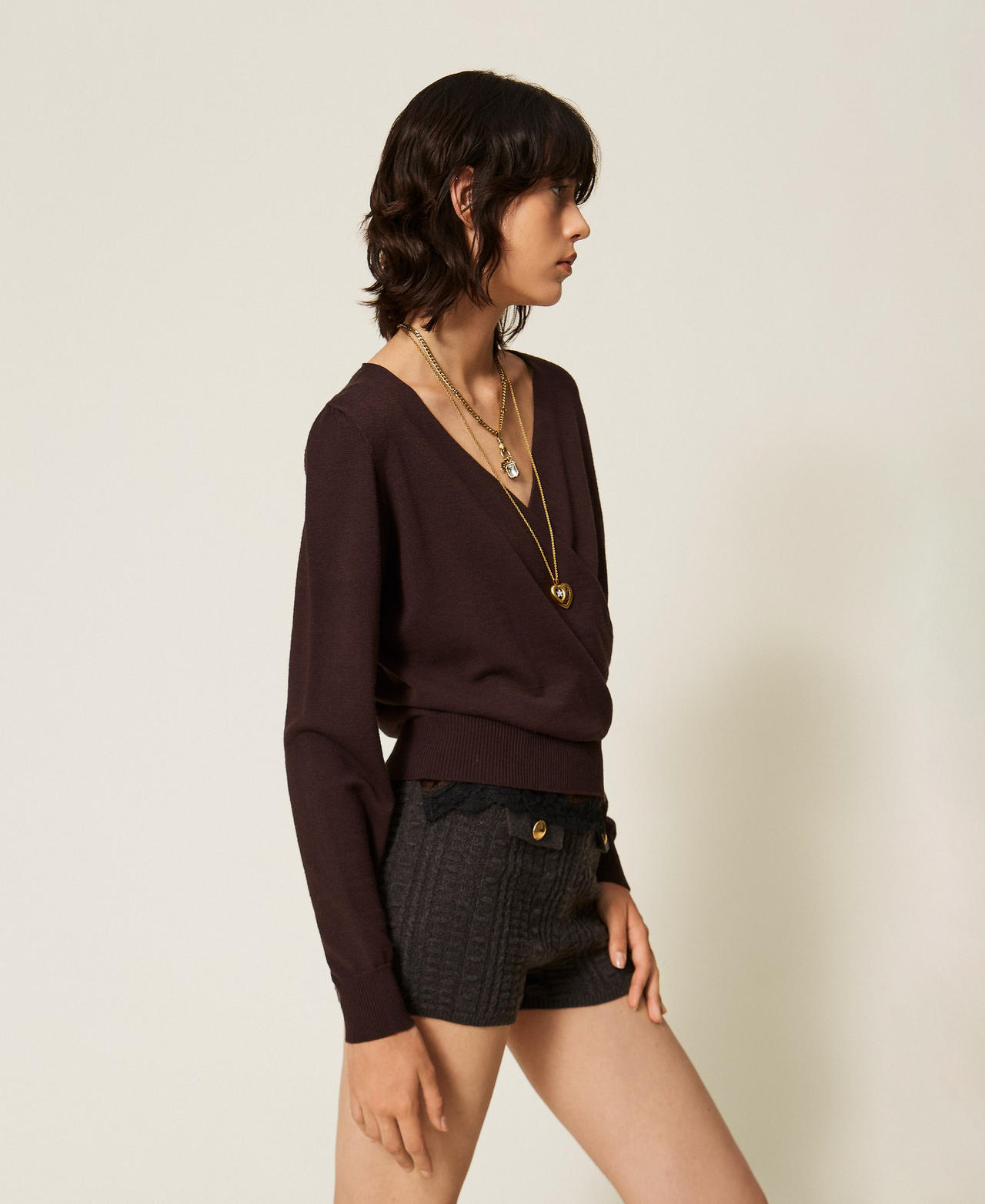 Pullover aus Viskosemischung mit Wickeldetail Kaffeeschokolade Frau 262TT3331_11946_02