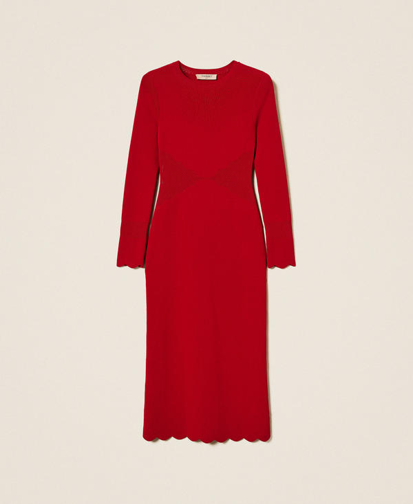 Knit midi dress with scalloped trims