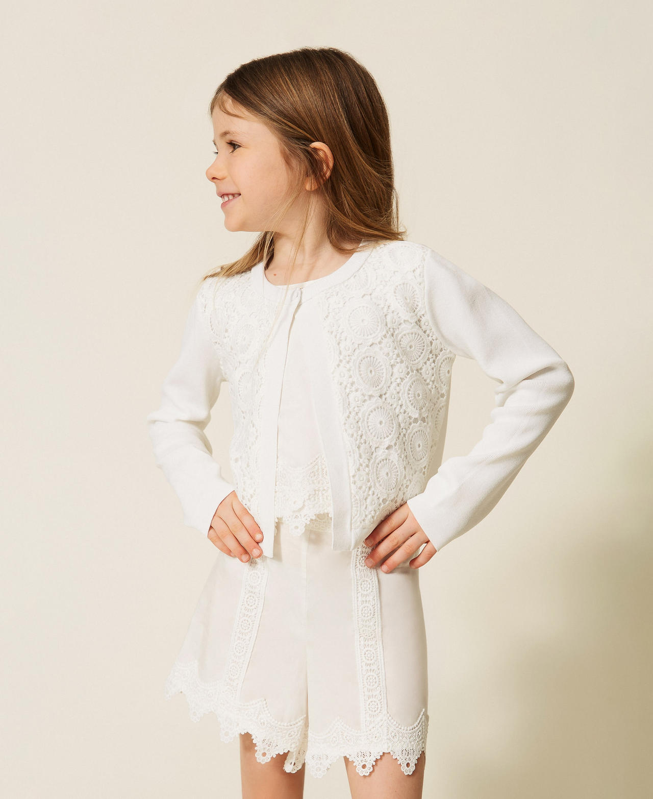 Twinset Girls Off White ' Cardigan With Lace Panels