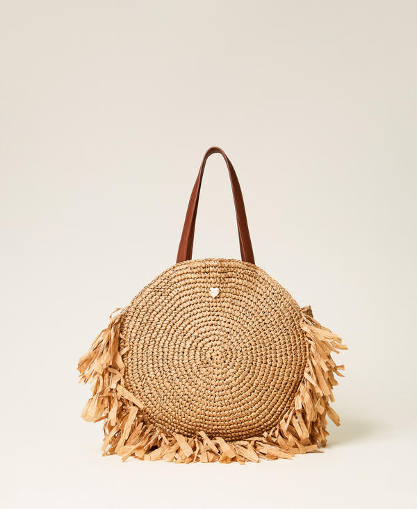 Bolso shopper redondo de rafia con flecos