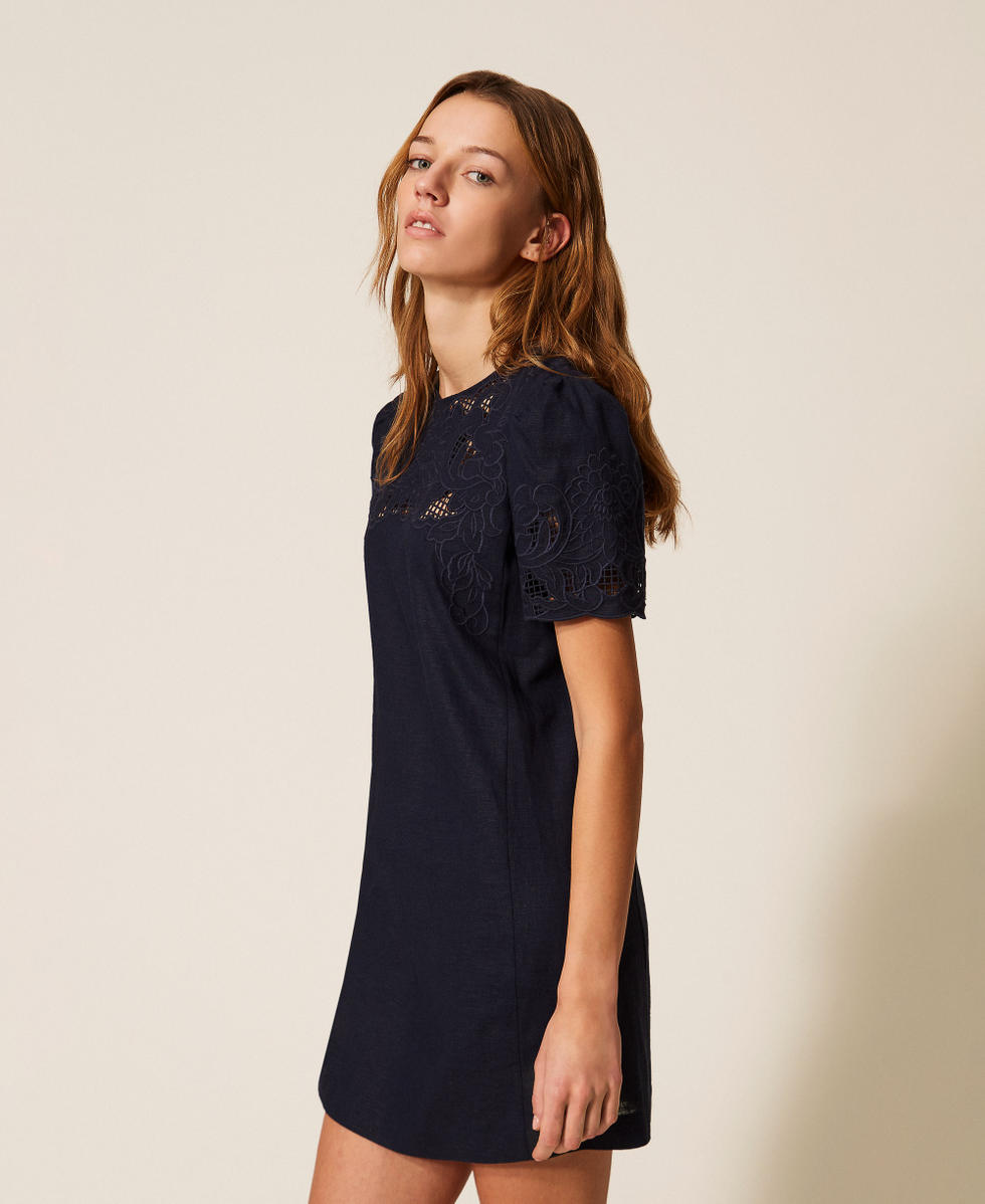 Robe courte en lin m&eacute;lang&eacute; avec broderie Bleu Nuit Femme 261TP2310_13172_02