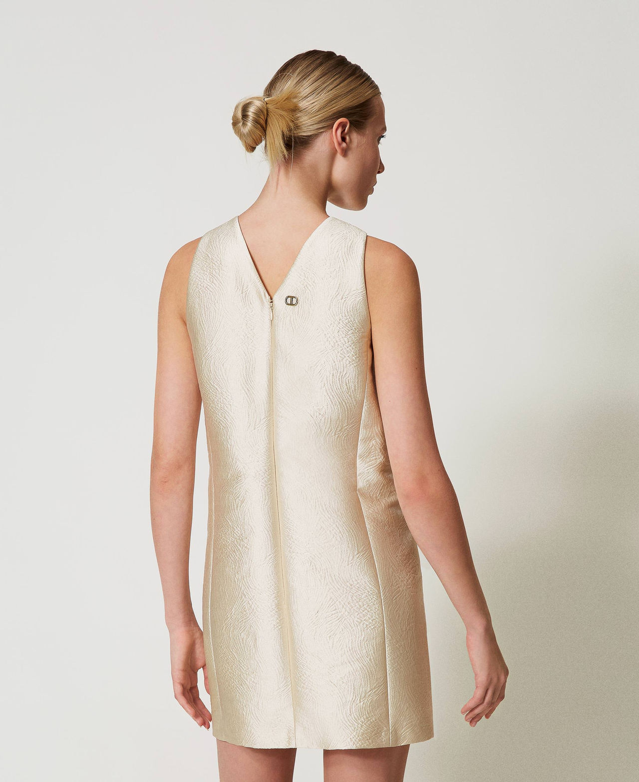 Short brocade jacquard halter dress Light Gold Brocade Jacquard Woman 251TP2243_12205_03