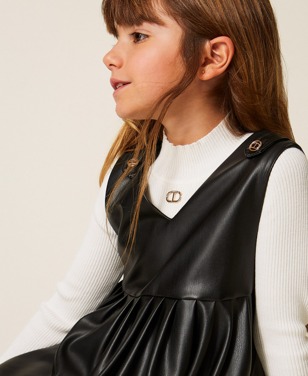 Girls' short faux leather dress with Oval T Girl, Black | TWINSET Milano