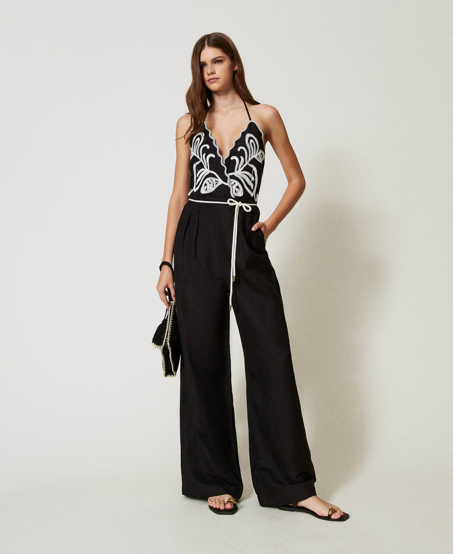 Linen blend jumpsuit with embroidery Bicolour Black / Mother-of-pearl White Woman 251LB2FAA_02710_01
