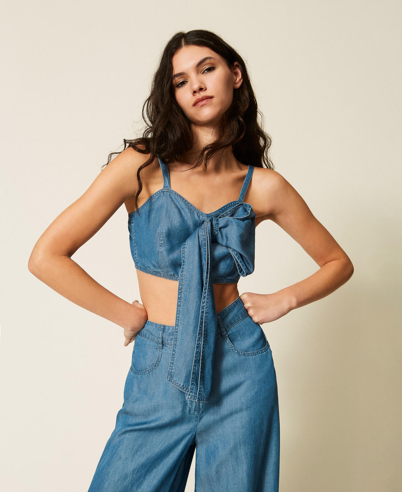 Denim top with bow Light Blue Denim Woman 261AT2050_07283_01