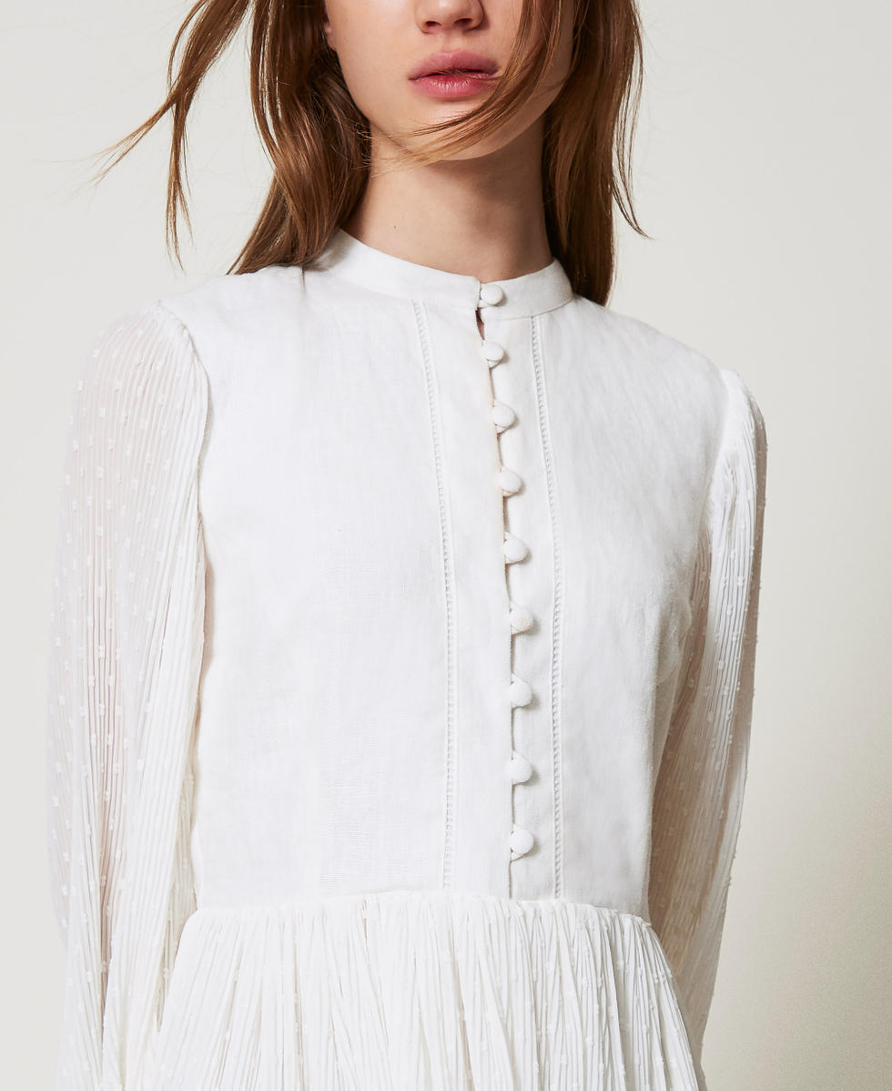 Linen and plumetis blend long dress Woman, White | TWINSET Milano