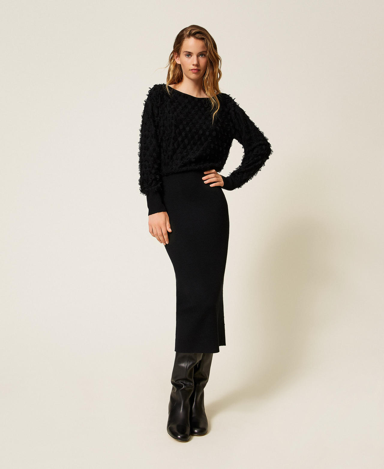 Midi dress with fringes Black Woman 252AP3201_00006_01