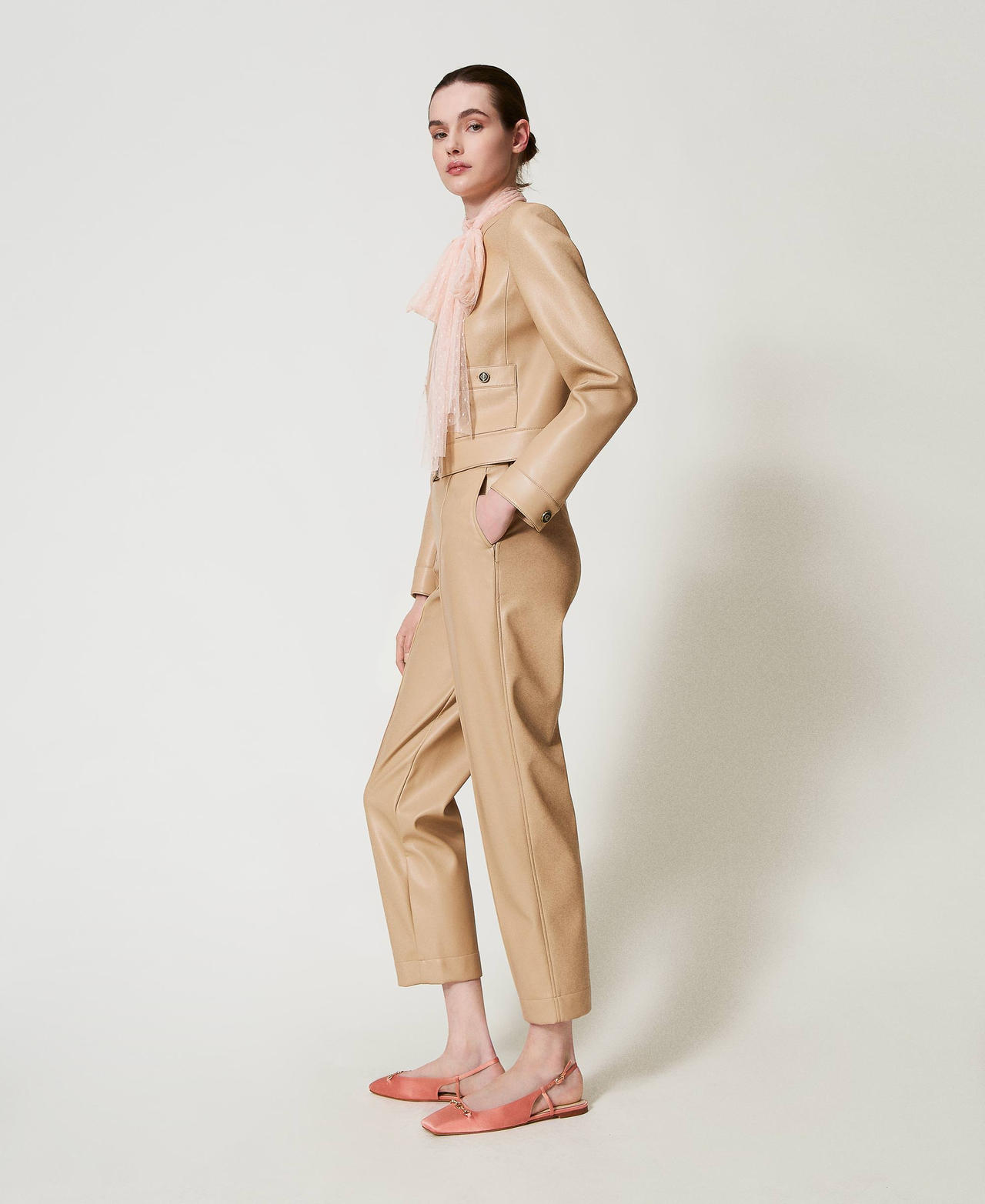 Faux nappa leather straight leg trousers Light Wood Beige Woman 251TP2352_12186_02