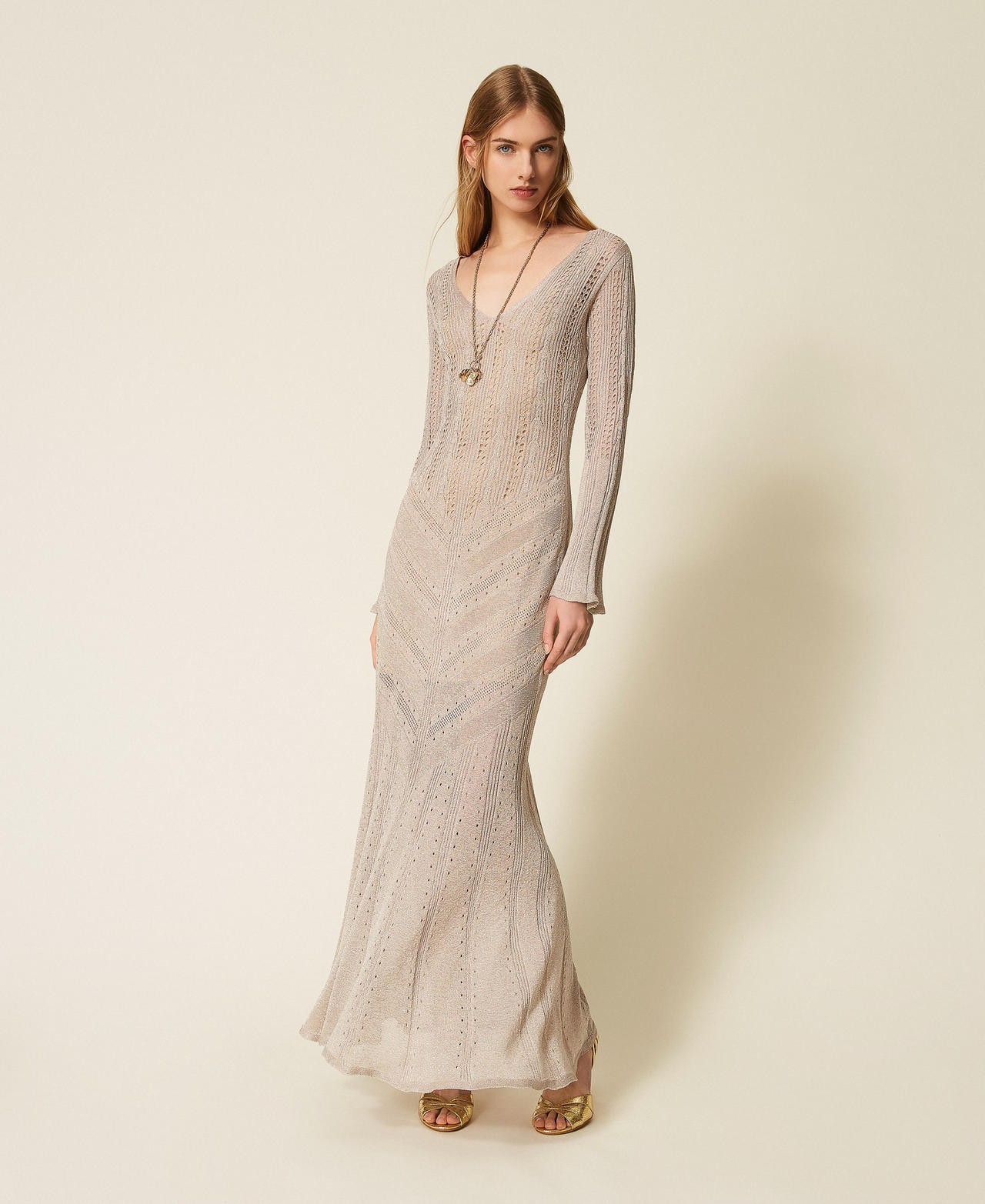 Twinset Women's Sand Lurex Long Knit Dress With Lurex