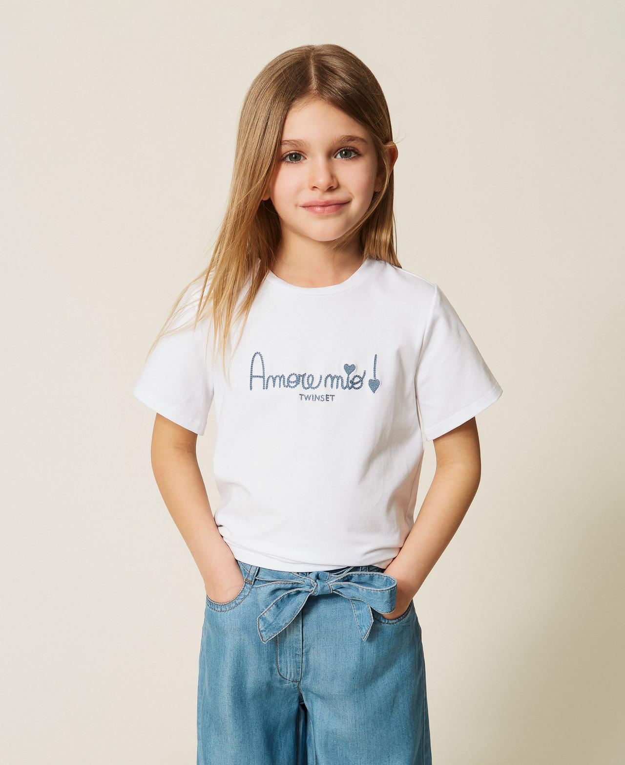 Girls' T-shirt with embroidery Chambray Blue/Off White Embroidery Girl 261GB2181_13368_01